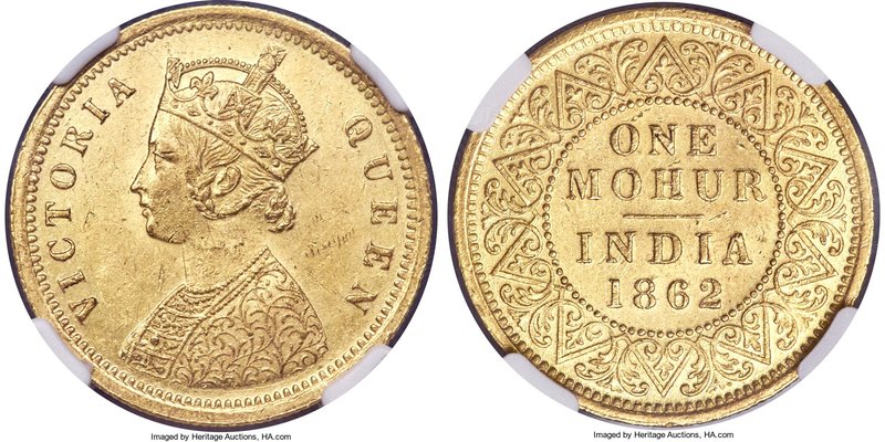 British India. Victoria gold Mohur 1862-(c) AU58 NGC, Calcutta mint, KM480, S&W-...
