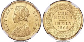 British India. Victoria gold Mohur 1862-(c) AU58 NGC, Calcutta mint, KM480, S&W-4.6, Type C Bust, Type I Reverse. Younger bust with 2 flowers in botto...