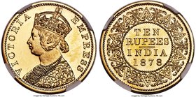 Victoria gold Prooflike Restrike 10 Rupees 1878-(b) PL65 NGC, Bombay mint, KM495, S&W-6.2. Reeded edge with older bust of Victoria. It would be a chal...