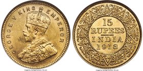 British India. George V gold 15 Rupees 1918-(b) MS62 NGC, Bombay mint, KM525. Shimmering surfaces enhance the sharp design features of this conditiona...