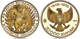 Republic gold Proof "Garuda Bird" 20000 Rupiah 1970 PR64 Ultra Cameo NGC, KM31. Produced to commemorate the 25th Anniversary of Independence, and depi...