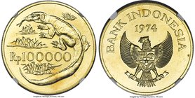 Republic gold "Komodo Dragon" 100000 Rupiah 1974 MS68 NGC, Royal mint, KM41, Fr-6. Mintage: 5,333. A fully brilliant and pristine example of this Cons...