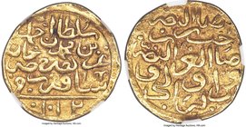 Ottoman Empire. Ahmed I gold Sultani AH 1012 (1603) AU50 NGC, Sakiz mint (in Chios, Greece), KM17var (mint above exergual line), A-1347.1, Pere-359var...