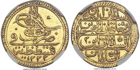 Ottoman Empire. Mustafa IV gold Zeri Mahbub AH 1222 Year 2 (1808/9) MS64 NGC, Constantinople mint (in Turkey), KM545, Pere-728var. (date). Features fu...