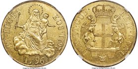 Genoa. Republic gold 96 Lire 1797 MS62+ NGC, KM251, Fr-444. This large gold coin featuring the Madonna and Child. exhibits very few friction marks for...