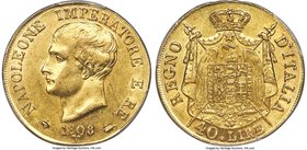 Kingdom of Napoleon. Napoleon gold 40 Lire 1808-M MS62 PCGS, Milan mint, KM12. With sparkling golden luster and a bold strike. 

HID09801242017