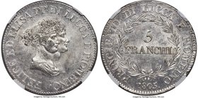 Lucca. Felix & Elisa 5 Franchi 1805 MS62+ NGC, Florence mint, KM24.1. A nearly-choice coin with argent surfaces and a fully brilliant luster, featurin...