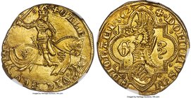 Milan. Galeazzo II Visconti gold Florin ND (1354-1378) MS64 NGC, Fr-676. 3.50gm. + GALE AZ VICE CO M ES :, Duke on horseback charging right, wielding ...