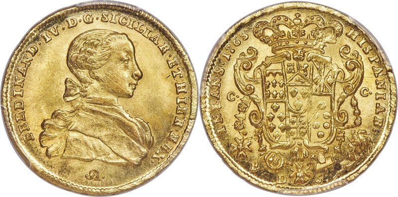 Naples & Sicily. Ferdinand IV gold 6 Ducati 1763 IA-CC/R MS64+ PCGS, KM167. A ma...