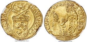Papal States. Paul II gold Ducat ND (1464-1471) MS61 NGC, Rome mint, Fr-16, MIR-399/1, Munt-5, B-394. 3.38gm. Familial arms surmounted by papal tiara ...