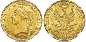 Sardinia. Vittorio Amedeo III gold Doppia 1787 AU Details (Edge Damage) NGC, Turin mint, KM86, Fr-1120. Bright, shimmering luster radiates from the fi...