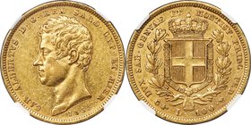 Sardinia. Carlo Alberto gold 100 Lire 1833 (Eagle)-P AU58 NGC, Turin mint, KM-C117.2, Fr-1138. Presented with exceptional boldness in its detail and r...