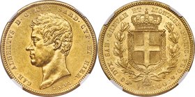 Sardinia. Carlo Alberto gold 100 Lire 1834 (Eagle)-P AU58 NGC, Turin mint, KM133.1, Fr-1138. A near-mint selection displaying a handsome, strong strik...