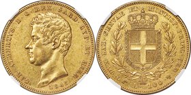 Sardinia. Carlo Alberto gold 100 Lire 1842 (Eagle)-P AU55 NGC, Turin mint, KM133.1, Fr-1138, Pag-154. Mintage: 864. The final year and key date for th...