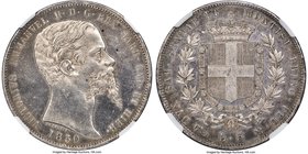 Sardinia. Vittorio Emanuele II 5 Lire 1850 (Anchor)-P AU55 NGC, Genoa mint, KM144.2. A scarce type in this quality, and an appealing example with near...
