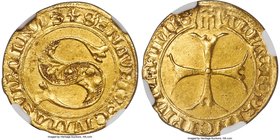 Siena. Republic gold Florin ND (1340-1450) AU58 NGC, Fr-1154, MIR-523. 3.52gm. + SENA VETVS CIVITAS VIRGINIS, large floral S / • ALFA • ЄT • O PRINCIP...
