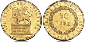 Venice. Revolutionary gold 20 Lire 1848 AU55 NGC, KM806, Fr-1518. Mintage: 5,210. Superb technical condition for this rare gold type produced by the n...