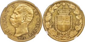 Umberto I gold 100 Lire 1882-R MS61 NGC, Rome mint, KM22. Although there are scattered friction marks and a small rim bruise at 9 o'clock on the rever...