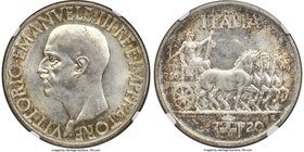 Vittorio Emanuele III 20 Lire 1936-R MS63+ NGC, Rome mint, KM81. Lightly iridescent tones inhabit the peripheries, while the centers sparkle with casc...