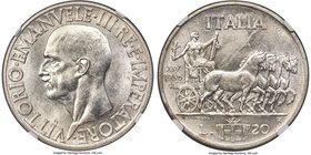 Vittorio Emanuele III 20 Lire 1936-R MS62 NGC, Rome mint, KM81. White argent luster cascades over the surfaces of this near-choice example with only a...
