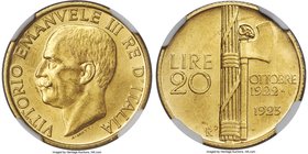 Vittorio Emanuele III gold 20 Lire 1923-R MS61 NGC, Rome mint, KM64. Commemorating the one-year anniversary of the Fascist regime in Italy, this hands...