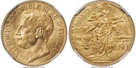 Vittorio Emanuele III gold "Kingdom Anniversary" 50 Lire 1911-R MS62 NGC, Rome mint, KM54. A boldly struck coin with bright fields and cartwheel luste...