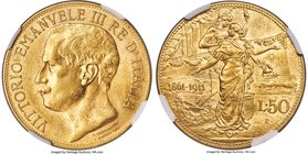 Vittorio Emanuele III gold "Kingdom Anniversary" 50 Lire 1911-R MS61 NGC, Rome mint, KM54. Lustrous with only faint signs of handling, this uncirculat...