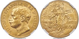 Vittorio Emanuele III gold "Kingdom Anniversary" 50 Lire 1911-R MS61 NGC, Rome mint, KM54, Fr-25. This handsome one-year type displays light toning ov...