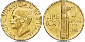 Vittorio Emanuele III gold 100 Lire 1923-R MS61 Matte PCGS, Rome mint, KM65. A one-year type, introduced to commemorate the first anniversary of the F...
