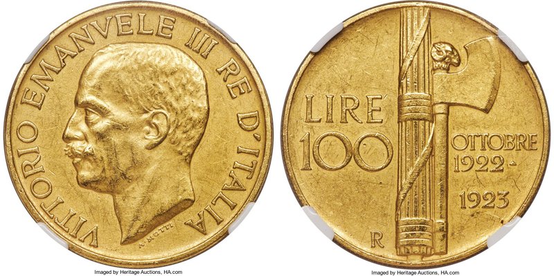 Vittorio Emanuele III gold 100 Lire 1923-R AU55 Matte NGC, Rome mint, KM65. Bord...