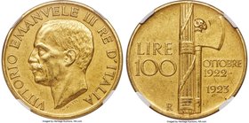 Vittorio Emanuele III gold 100 Lire 1923-R AU55 Matte NGC, Rome mint, KM65. Bordering on mint condition with just a few light bag marks and a nice, bo...