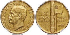 Vittorio Emanuele III gold 100 Lire 1923-R AU Details (Mount Removed) NGC, Rome mint, KM65, Fr-32. An historically important one-year type exhibiting ...