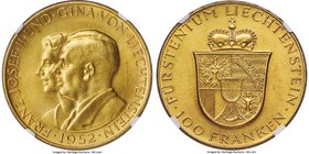Franz Joseph II gold 100 Franken 1952 MS63 NGC, KM-Y17, Fr-19. Mintage: 4,000. Choice, displaying a highly lustrous sheen and a matte-like finish. 
...
