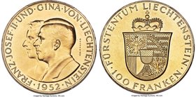 Franz Joseph II gold 100 Franken 1952 MS63 PCGS, KM-Y17, Fr-19. A broad and highly appealing issue featuring the conjoined busts of Franz Joseph II an...