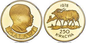 Republic gold Proof 250 Kwacha 1978 PR69 Ultra Cameo NGC, KM17, Fr-2. Conservation series. Essentially flawless surfaces with bold relief. The devices...