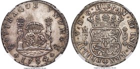Philip V 8 Reales 1734/3 Mo-MF AU Details (Environmental Damage) NGC, Mexico City mint, KM103. Sharply detailed with the ivory-toned surfaces taking o...