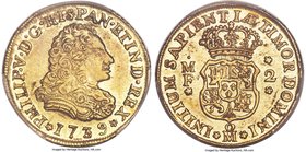 Philip V gold 2 Escudos 1739 Mo-MF AU55 PCGS, Mexico City mint, KM124, Fr-10, Cal-365. Boldly stuck, with bright golden mint luster. The peripheries d...