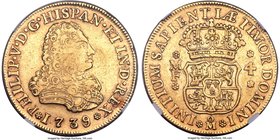 Philip V gold 4 Escudos 1739 Mo-MF XF40 NGC, Mexico City mint, KM135. From a scarce issue, displaying antiqued golden coloration and a strong peripher...