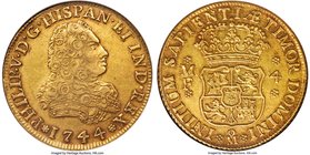 Philip V gold 4 Escudos 1744 Mo-MF XF45 NGC, Mexico City mint, KM135, Cal-250. Brass-gold with attractive clay red highlights embracing the devices an...