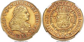 Philip V gold 8 Escudos 1733 Mo-F XF45 NGC, Mexico City mint, KM148, Fr-8. Struck during the second year of the Mexico City mint's transition from ham...