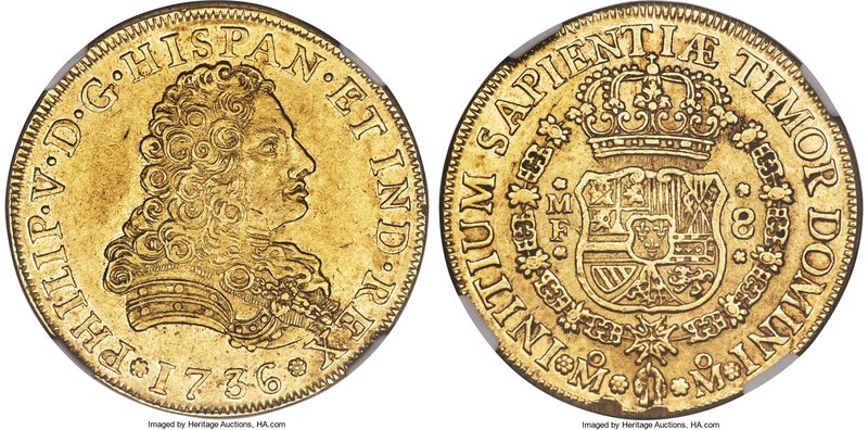 Philip V gold 8 Escudos 1736 Mo-MF AU Details (Edge Damage) NGC, Mexico City min...