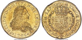 Philip V gold 8 Escudos 1736 Mo-MF AU Details (Edge Damage) NGC, Mexico City mint, KM148. Fr-8. Abundant mint luster, with sharp details. There are tw...