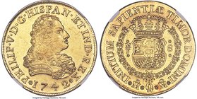Philip V gold 8 Escudos 1742 Mo-MF AU Details (Reverse Cleaned) NGC, Mexico City mint, KM148, Fr-8. Bright golden mint luster with slight softness in ...
