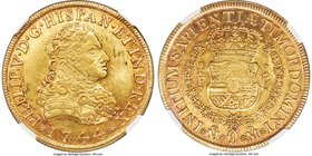 Philip V gold 8 Escudos 1744 Mo-MF AU55 NGC, Mexico City mint, KM148. Gentle rose toning surrounds the devices, which display a mellow amber tone with...