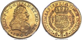 Philip V gold 8 Escudos 1744 Mo-MF AU Details (Cleaned) NGC, Mexico City mint, KM148, Fr-8. Lustrous surfaces with a nice strike. Light hairlines are ...