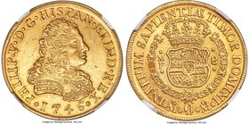 Philip V gold 8 Escudos 1746 Mo-MF AU58 NGC, Mexico City mint, KM148, Fr-8. An attractive near-mint example, with bright golden mint luster and barely...
