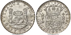 Ferdinand VI 8 Reales 1754 Mo-MF MS63 NGC, Mexico City mint, KM104.1. Silken surfaces serve as a potent backdrop for the bold devices in this wholly c...