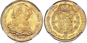 Charles III gold 4 Escudos 1775 Mo-FM AU55 NGC, Mexico City mint, KM142.2. Sun-gold with a scintillating brilliance about the legends and surrounding ...