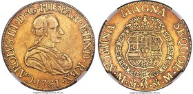 Charles III gold 8 Escudos 1761 Mo-MM VF35 NGC, Mexico City mint, KM154. Order of the Golden Fleece on chest variety. A very rare subtype endowed with...