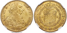Charles III gold 8 Escudos 1772 Mo-FM AU53 NGC, Mexico City mint, KM156.1. Bright luster radiates from the central designs, a light mirroring noted al...